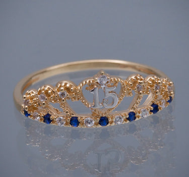 Anillo corona de 15s con swarovski azul y blanco 1.95gr / TALLA 8 1/4 / Oro Amarillo Nac B