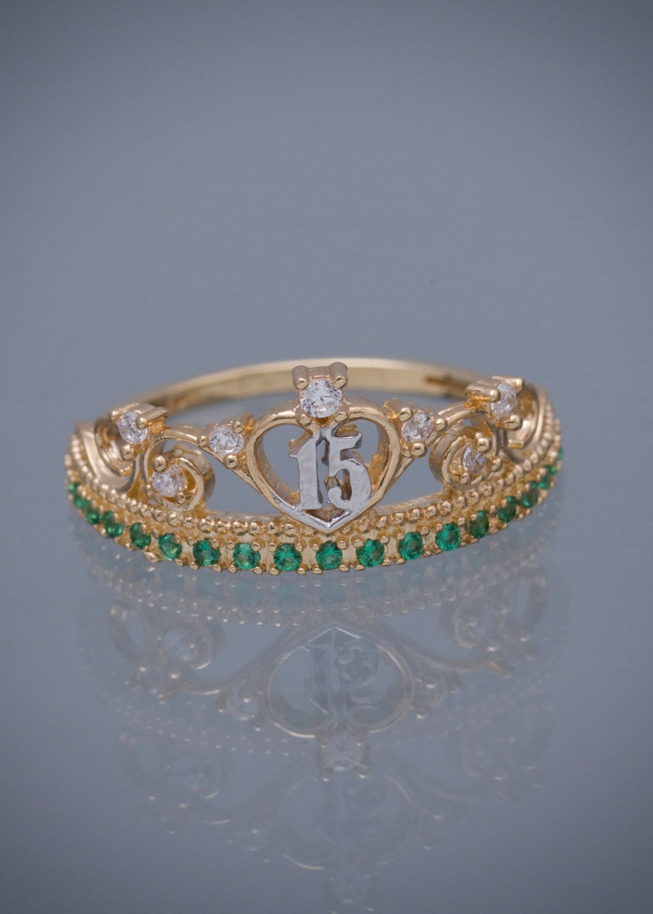 Anillo corona de 15s con swarovski blanco y verde 2.1gr / TALLA 5 3/4 / Oro Amarillo Nac M