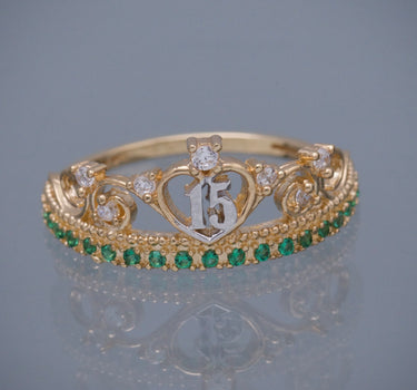Anillo corona de 15s con swarovski blanco y verde 2.1gr / TALLA 5 3/4 / Oro Amarillo Nac M