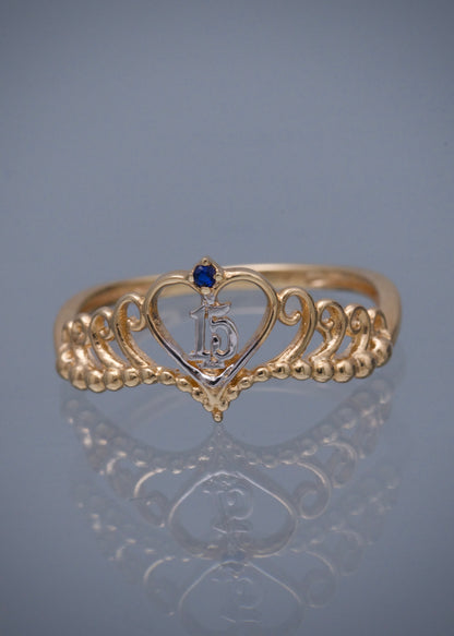 Anillo corona de 15s con swarovski azul 1.85gr / TALLA 7 / Oro Amarillo Nac M