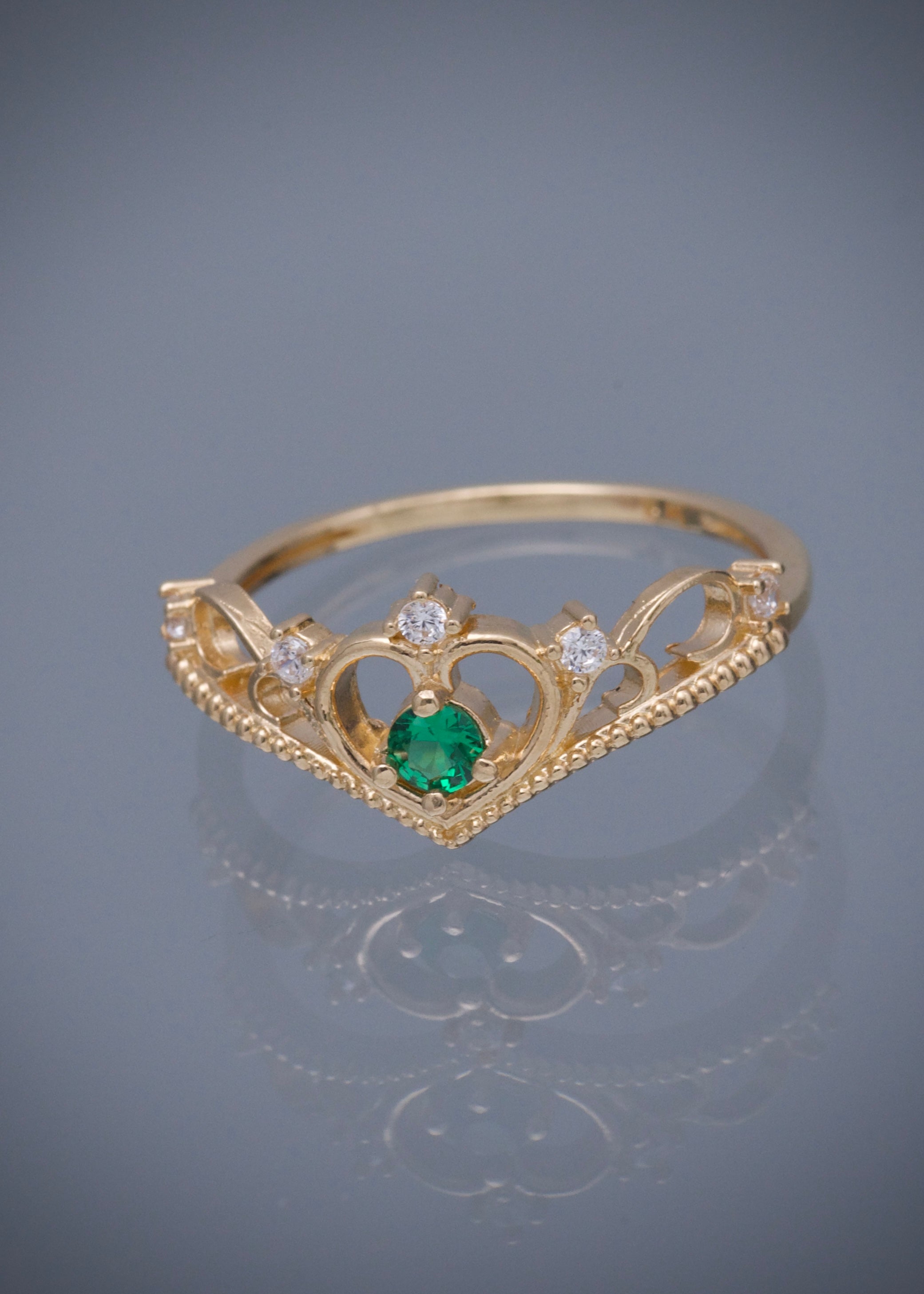 Anillo corona con swarovski blanco y verde 2.3gr / TALLA 7 1/4 / Oro Amarillo Nac B