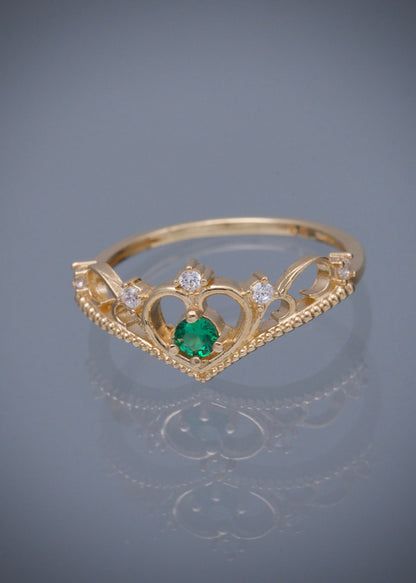 Anillo corona con swarovski blanco y verde 2.3gr / TALLA 7 1/4 / Oro Amarillo Nac B