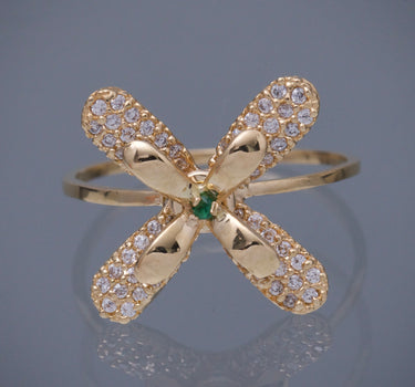 Anillo flor con swarovski verde y blanco 3.3gr / TALLA 7 1/2 / Oro Amarillo Nac B