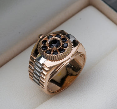 Anillo Tipo Reloj Con Swarovski Negro 6gr / Talla: 5 3/4  Dos Oros Nac M