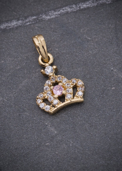 Dije corona con swarovski rosado y blanco 0.8gr / Largo 1.5cm / Oro Amarillo Nac B