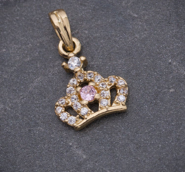 Dije corona con swarovski rosado y blanco 0.8gr / Largo 1.5cm / Oro Amarillo Nac B