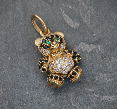 Dije de oso articulado con swarovski negro. blanco y verde 2.4gr / 2cm / Oro Amarillo Nac B