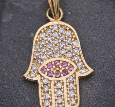 Dije mano hs con swarovski rosado 1.75gr / Largo 2.4cm / Oro Amarillo Nac M