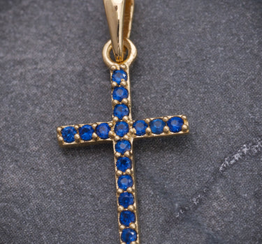 Dije cruz con swarovski azul 0.6gr / Largo 2cm / Oro Amarillo Nac M
