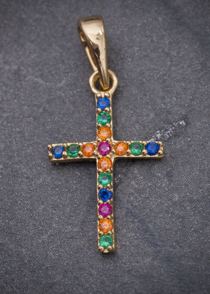 Dije cruz con swarovski multicolor 0.6gr / Largo 2cm / Oro Amarillo Nac M