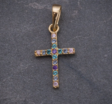Dije cruz con swarovski azul y morado 0.6gr / Largo 2 cm / Oro Amarillo Nac P