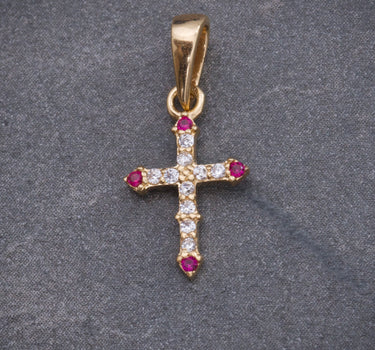 Dije cruz con swarovski fucsia y blanco 0.5gr / Largo 1.8cm / Oro Amarillo Nac P