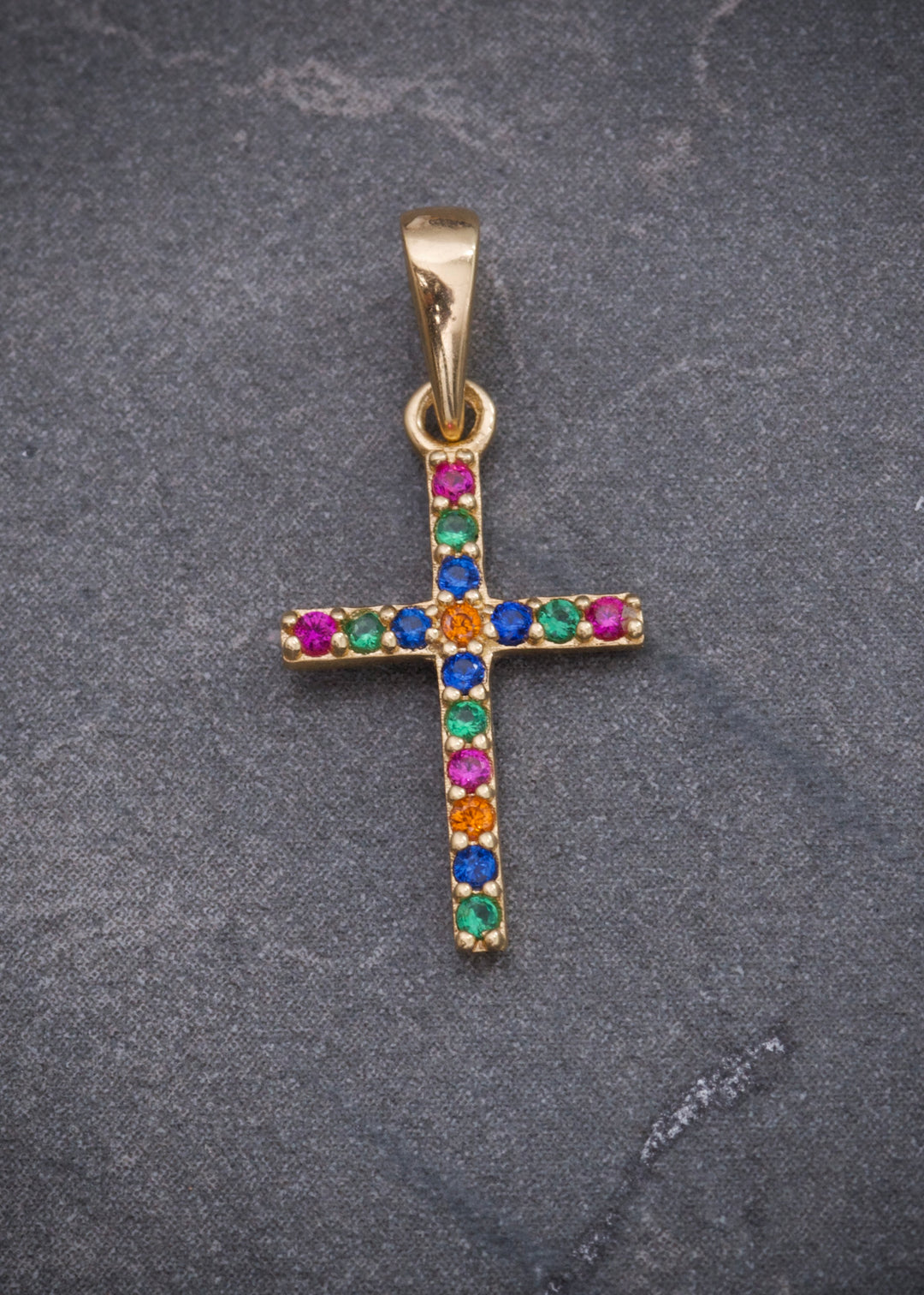 Dije cruz con swarovski multicolor 0.6gr / Largo 2cm — Oro Amarillo