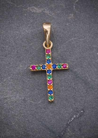 Dije cruz con swarovski multicolor 0.6gr / Largo 2cm / Oro Amarillo Nac P