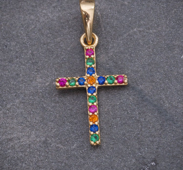 Dije cruz con swarovski multicolor 0.6gr / Largo 2cm / Oro Amarillo Nac P
