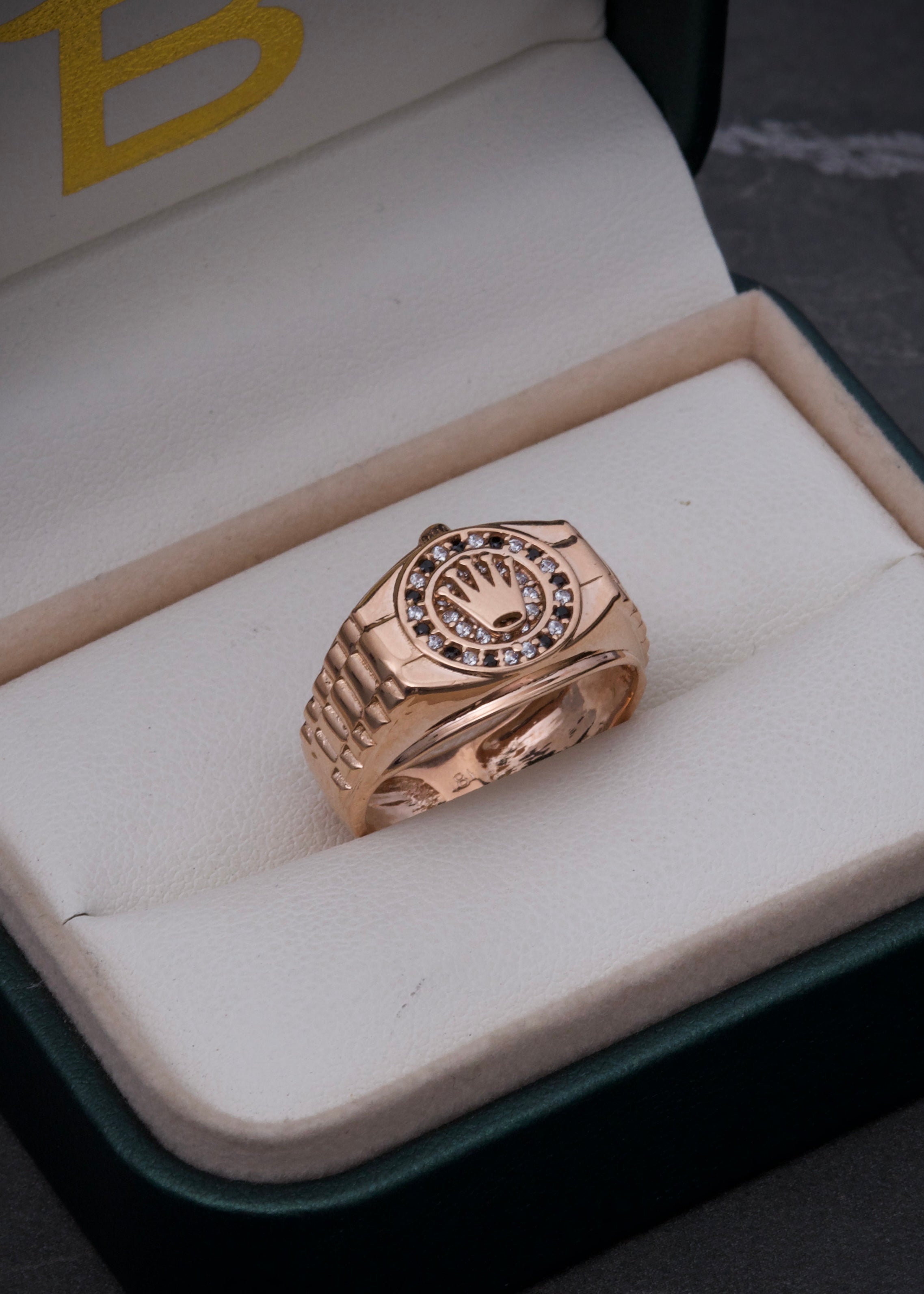 Anillo rx con swarvski negro y blanco 5gr / TALLA 8 1/4 / Oro Rosado Nac P