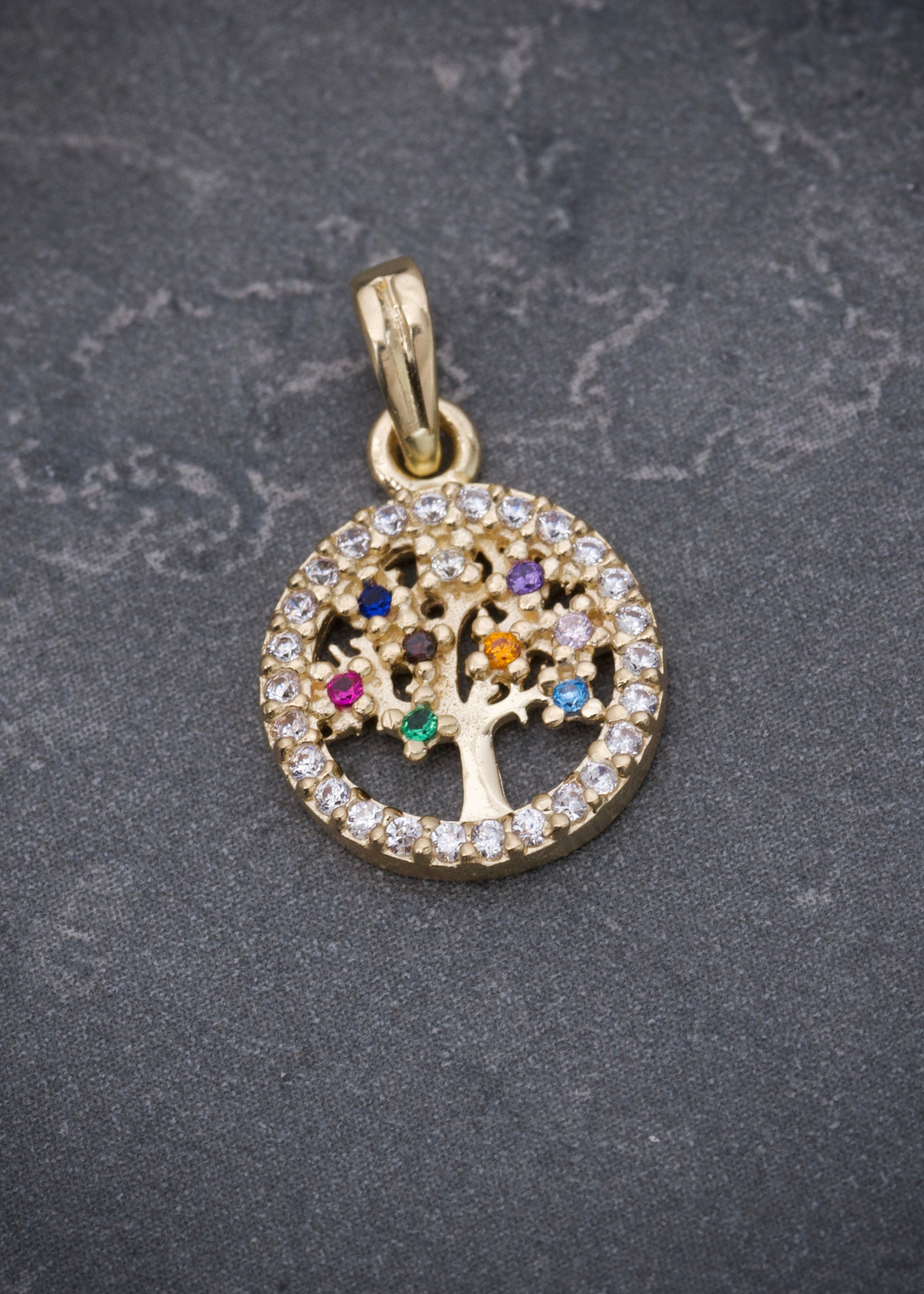Dije arbol de la vida con swarovski multicolor 1.2gr / Largo 1.7cm / Oro Amarillo Nac*