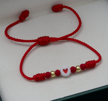 Pulsera en hilo rojo con corazon y bolas lisas 4mm 0.2gr / Oro Amarillo (Joya) M