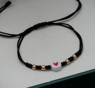 Pulsera en hilo negro con corazon y bolas lisas 3mm 0.2gr / Oro Rosado (Joya) M