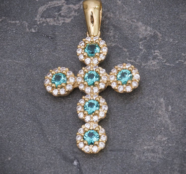 Dije cruz con swarovski azul y blanco 2.2gr / Largo 2.7cm / Oro Amarillo Nac M
