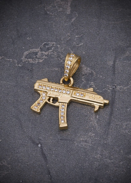 Dije ak 47 con swarovski blanco 2.3gr / Largo 2.3cm / Oro Amarillo Nac M