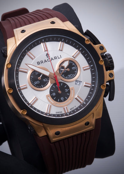 Reloj Bracarli Metal I. Caja rosa con negro, Fondo blanco Y Correa cafe (Joya) B