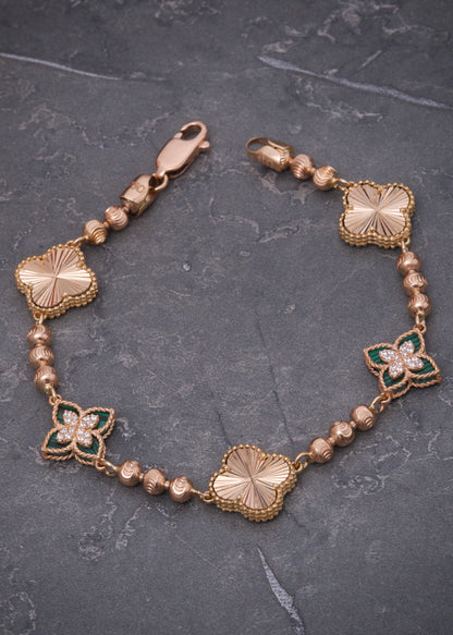 Pulso lucky clover piedra verde 14gr / Largo 19.5cm / Oro Rosado Nac M