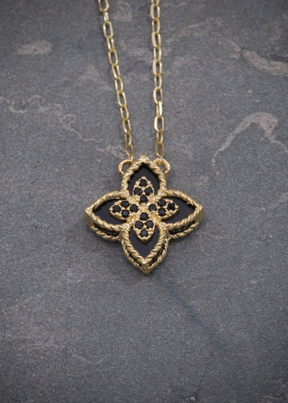 Cadena lucky clover piedra negra con swarovski negro 2.7gr / Largo 50cm / Oro Amarillo italy cte B