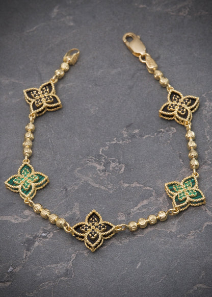 Pulso lucky clover piedra verde y negra 9.6gr / Largo 19cm / Oro Amarillo Nac P