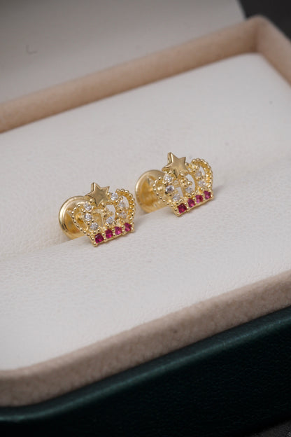 Topos de corona con swarovski fucsia y blanco 1.15gr / Largo 1 cm / Oro Amarillo Nac B