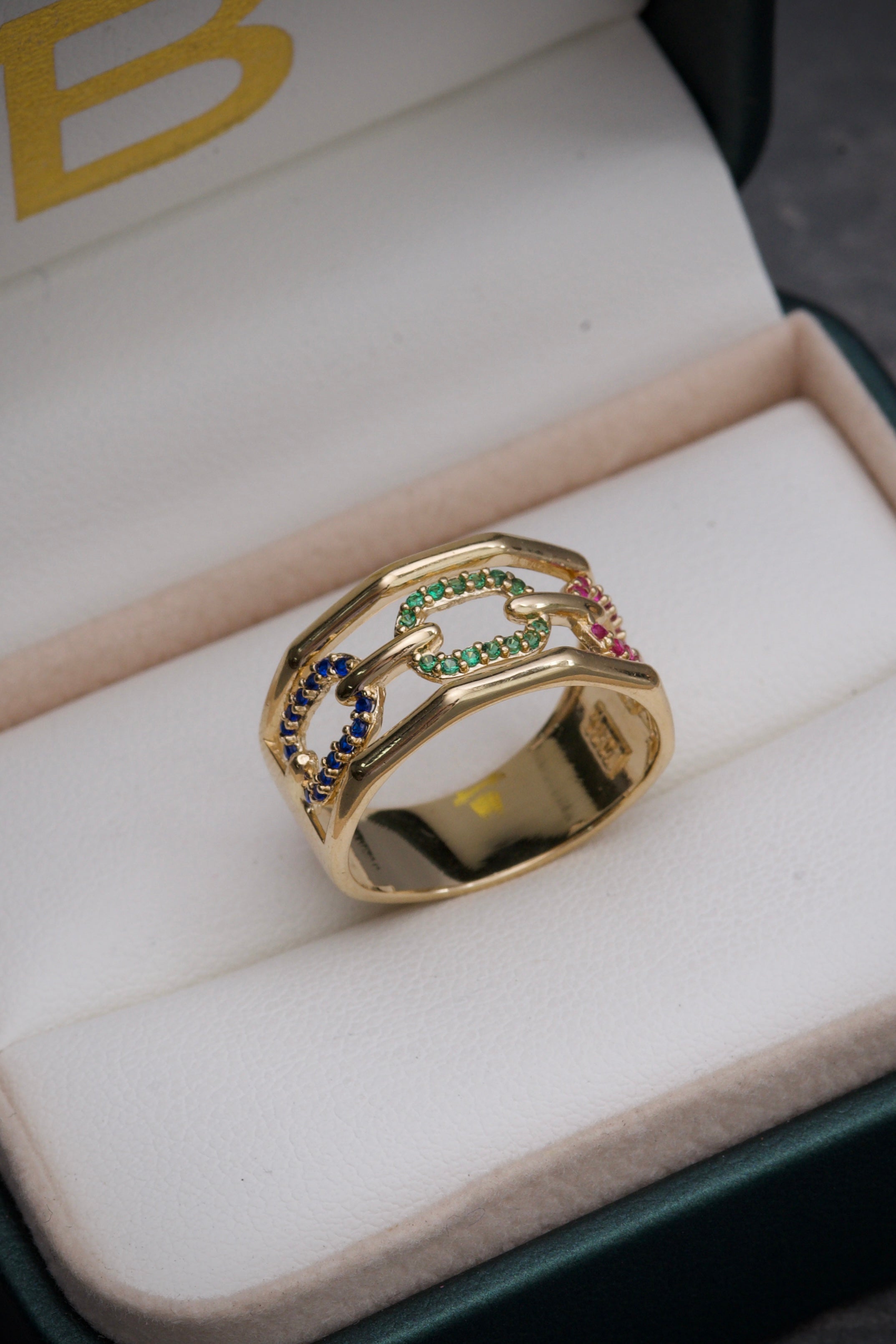 Anillo tipo gc con swarovski multicolor 5.7gr / TALLA 7 1/4 / Oro Amarillo Nac B
