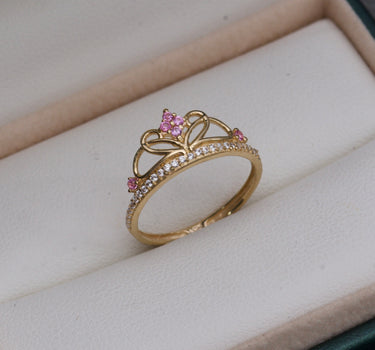 Anillo de corona  con swarvovski rosado y blanco 1.45gr / TALLA 5 1/4 / Oro Amarillo Nac B