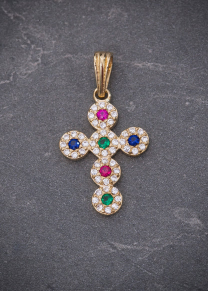 Dije cruz con swarovski multicolor 1.6gr / Largo 2.5cm / Oro Amarillo Nac B