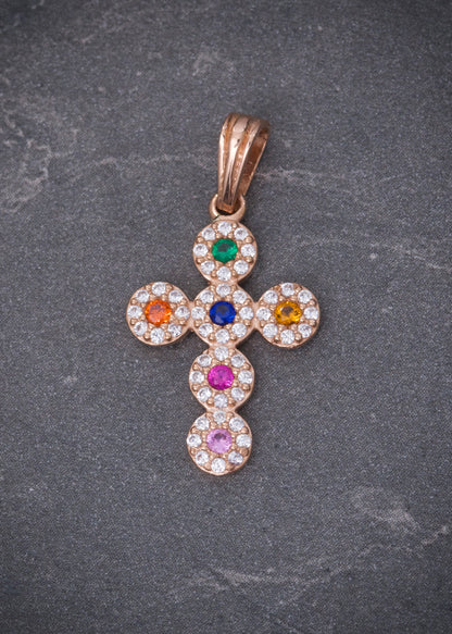 Dije cruz con swarovski multicolor 1.5gr / Largo 2.5cm / Oro Rosado Nac B