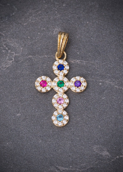 Dije cruz con swarovski multicolor 1.45gr / Largo 2.5cm / Oro Amarillo Nac M
