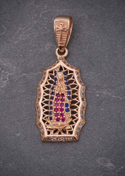 Dije virgen de guadalupe con swarovski azul 3.2gr / Largo 3.2cm / Oro Rosado Nac P