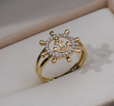 Anillo De TIMON Y Ancla COn Swarovski Blanco 2.85gr / TALLA 6 1/2 / Oro Amarillo Nac M