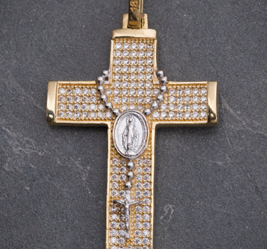 Dije De Cruz CON Rosario Virgen y Swarovski Blanco 6.1gr / Largo 4.8cm / Oro Amarillo Nac B