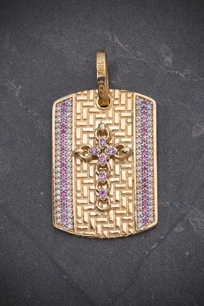 Dije PLaca De Cruz COn Swarovski Blanco Y Rosado 9.1gr / Largo 4.0cm / Oro Amarillo Nac B