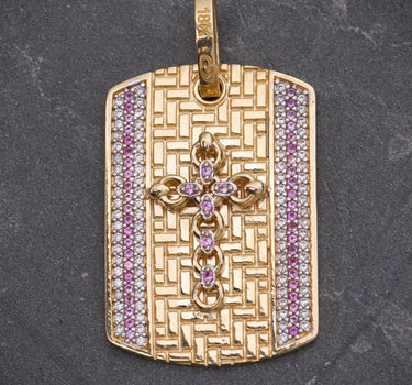 Dije PLaca De Cruz COn Swarovski Blanco Y Rosado 9.1gr / Largo 4.0cm / Oro Amarillo Nac B
