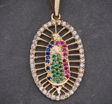 Dije VIRGEN DE GUADALUPE COn Swarovski Multicolor 2.55gr / Largo 3.5cm / Oro Amarillo Nac P