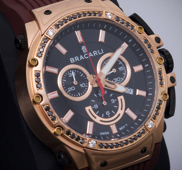 Reloj Bracarli Metal I. Oro Rosado con 76pts Diamante negro y 14pts Diamante Blanco, Caja Rosa, Fondo Negro M