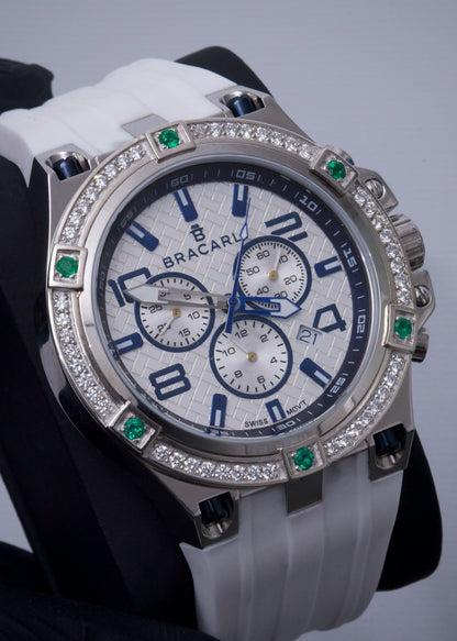 Reloj Bracarli Metal II. Con 123pts De Diamantes / 35pts De esmeraldas Correa Blanca / Oro Blanco / 7,65gr M