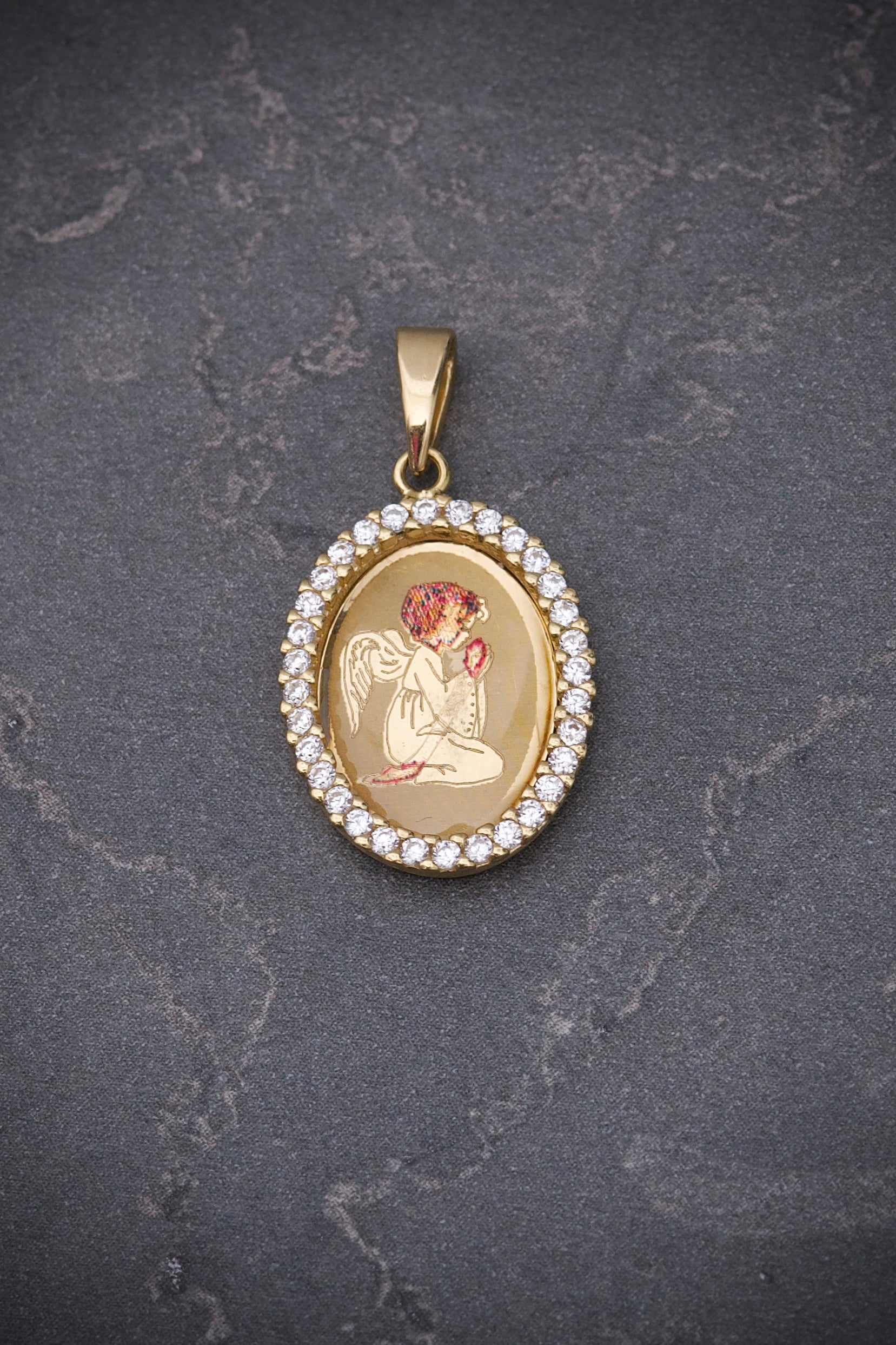 Dije Medalla De Angel Con Swarovski 1.95gr / Largo 2.4cm / Oro Amarillo italy +4 M