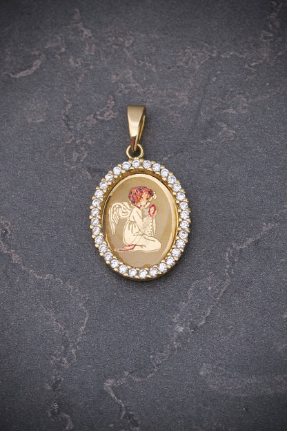 Dije Medalla De Angel Con Swarovski 1.95gr / Largo 2.4cm / Oro Amarillo italy +4 M