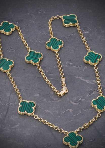Cadena lucky clover piedra verde 15.25gr / Largo 45cm / Oro Amarillo italy cte