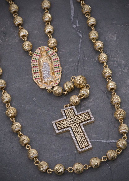 Rosario virgen guadalupe con bolas diamantadas 70.8gr / Largo 60cm / Oro Amarillo Nac M