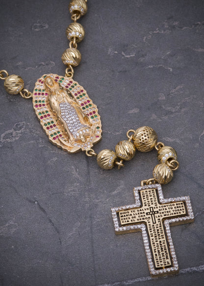 Rosario virgen guadalupe con bolas diamantadas 70.8gr / Largo 60cm / Oro Amarillo Nac M