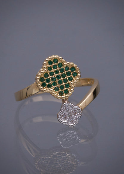 Anillo lucky clover con swarovski verde y blanco 2.75gr / TALLA 6 1/2 / Oro Amarillo Nac P