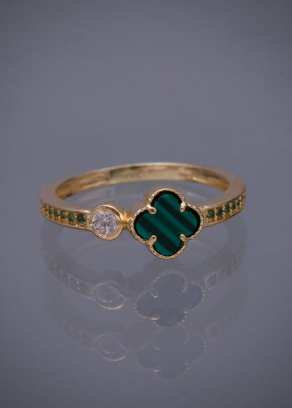 Anillo lucky clover con swarovski blanco y verde 2.2gr / TALLA 6 3/4 / Oro Amarillo Nac M